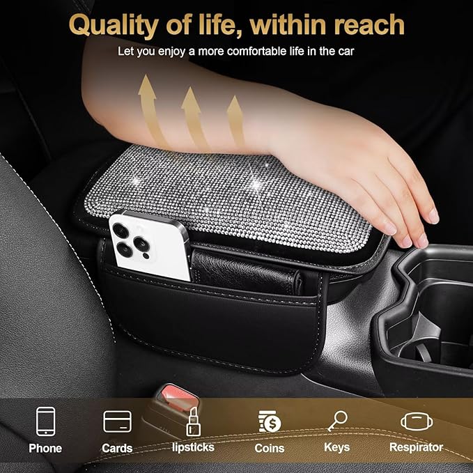 Bling Center Console Cover Fit for Toyota Camry with 2 Storage Bags Fully Diamond-Studded Style Center Console Armrest Cover with Total Protection(Silver Diamond)