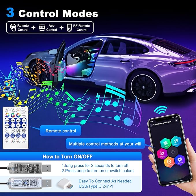 Dreamcolor Acrylic Interior Car LED Strip Light with USB/Type C, 10 in 1 with 175 inches 600 LEDs Ambient Lighting Kits, Sound Active Function Neon Accessories