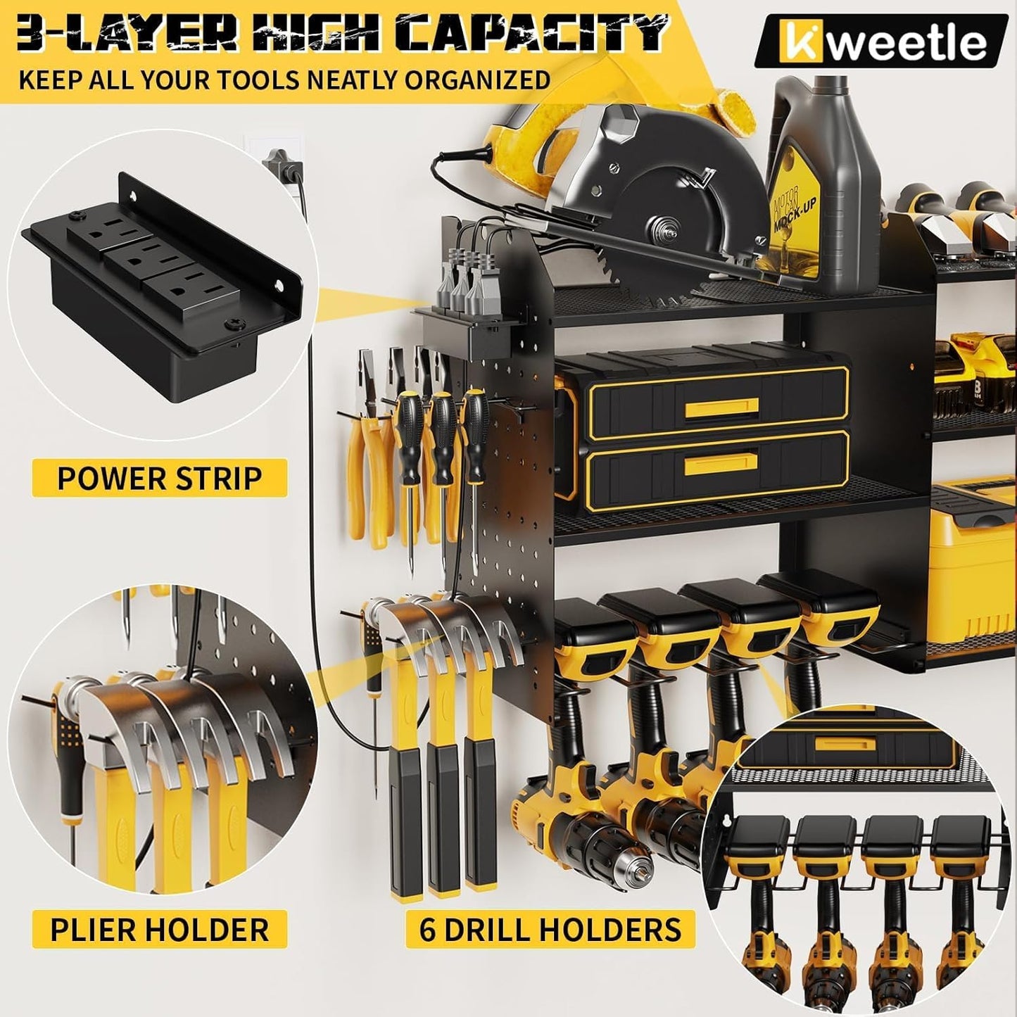 45" Power Tool Organizer Wall Mount with Charging Station - 3 Layer Storage Racks with 8 Cordless Drill Holder, 4 Hooks, Heavy Duty Garage Tool Organizer Storage for Workshop Shed Pegboard Basement