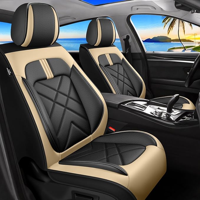 CX-50 Car Seat Covers Fit for Mazda CX-50 2023-2026, Full Coverage Premium Leather Waterproof Breathable Seat Covers, Automotive Seat Protectors, Airbag Compatible(2 Front Seats, Black Beige)