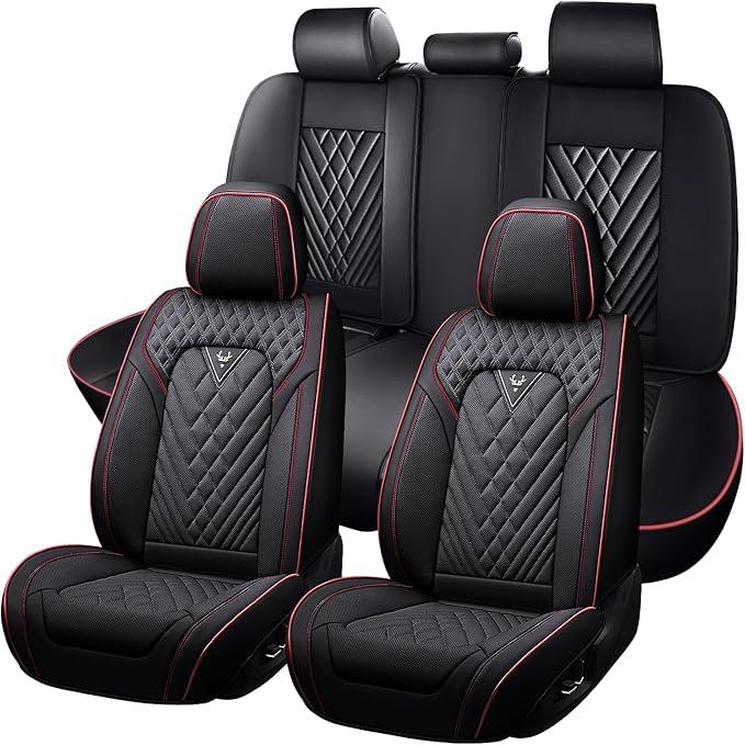 Truck Seat Covers for Ford Ranger 2019-2026, Waterproof Premium Leather Full Coverage Car Seat Cover, Muscle Sport Style Auto Interior Seat Cover Sets (Full Set/Black Red)