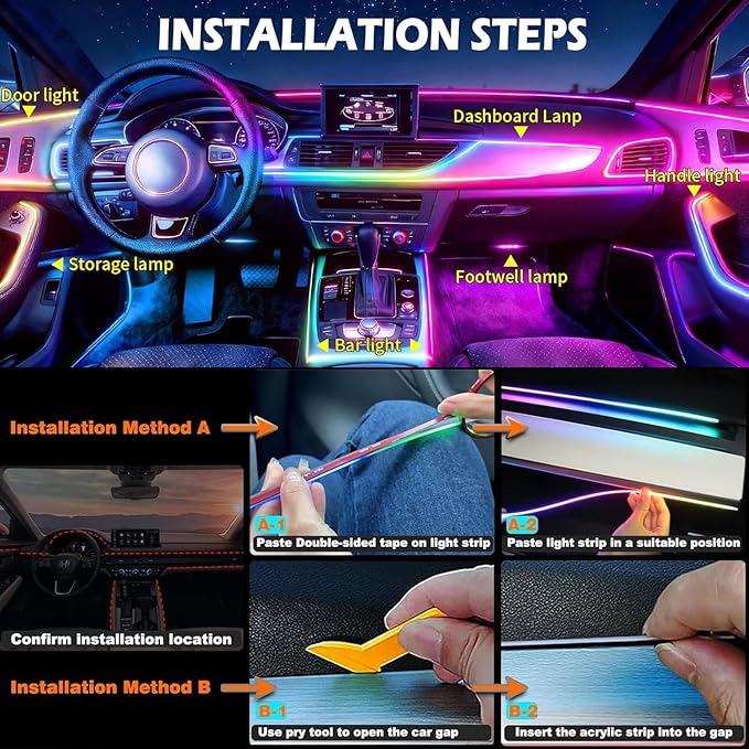 Acrylic Interior Car LED Strip Light with APP Remote Control, 175in 6 in 1 RGB Dreamcolor Neon Flexible Strip Fiber Optic LED Ambient Lighting Kits,RGB Music Lights Sync for Inside car Decorations