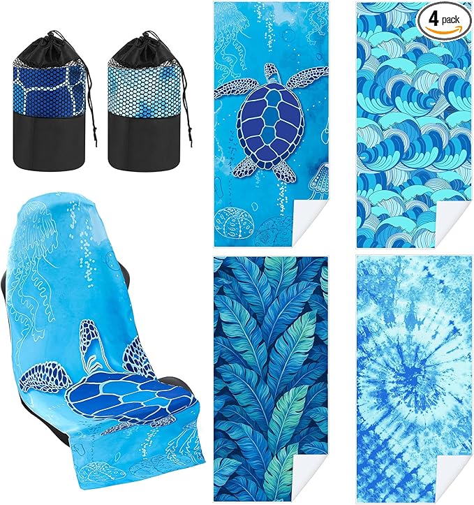 4 Pack Car Seat Towel Covers with Storage Bag 63 x 32 Inch Athletic Running Towel Seat Sweat Washable Non Slip Cover Gift for Car Outdoor Sport Activities (Ocean Landscape)