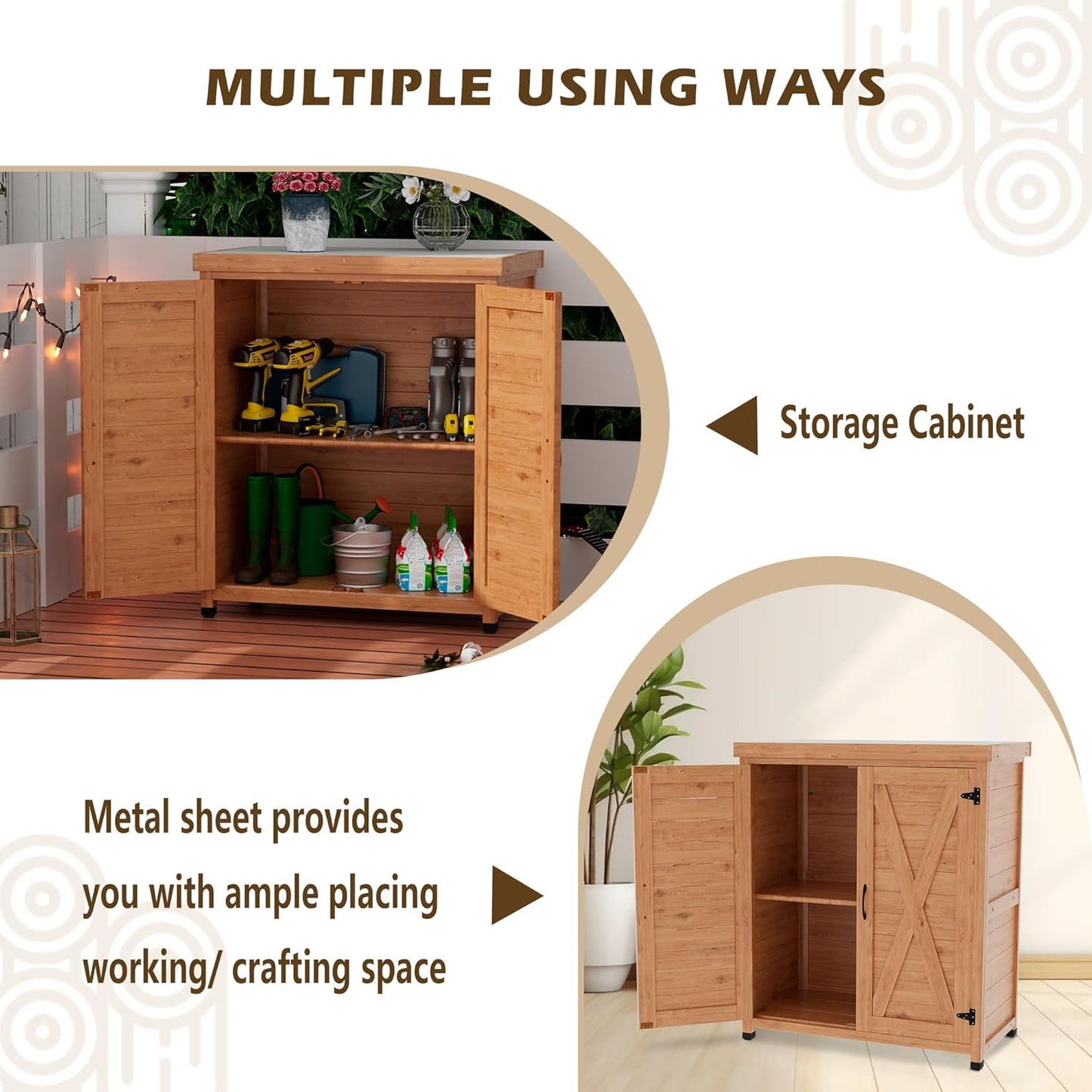 Outdoor Storage Shed Waterproof, Potting Shed with Storage Cabinet and Metal Table Top for Backyard Garden Patio, Outdoor Work Station Table, Light Brown