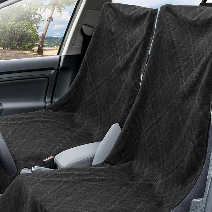 2 Pack Car Seat Towel Covers with Storage Bag 63 x 32 Inch Athletic Running Towel Seat Sweat Washable Non Slip Cover Gift for Car Outdoor Sport Activities (Black Plaid)