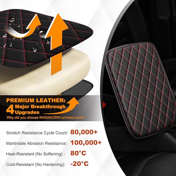 Center Console Cover for Cars Fit for Jeep Cherokee Leather Armrest Covers with 2 Storage Bags(Black&Red)