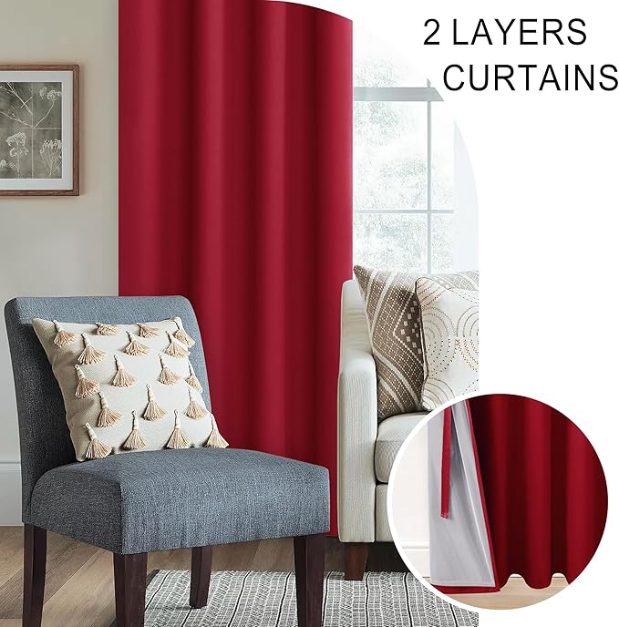 XWZO 100% Blackout Window Curtains - Thermal Insulated & Noise Reduction Black Liner Window Treatment Sewn with Tiebacks for Bedroom/Living Room, Christmas Red, W38 x L84, Set of 2 Panels