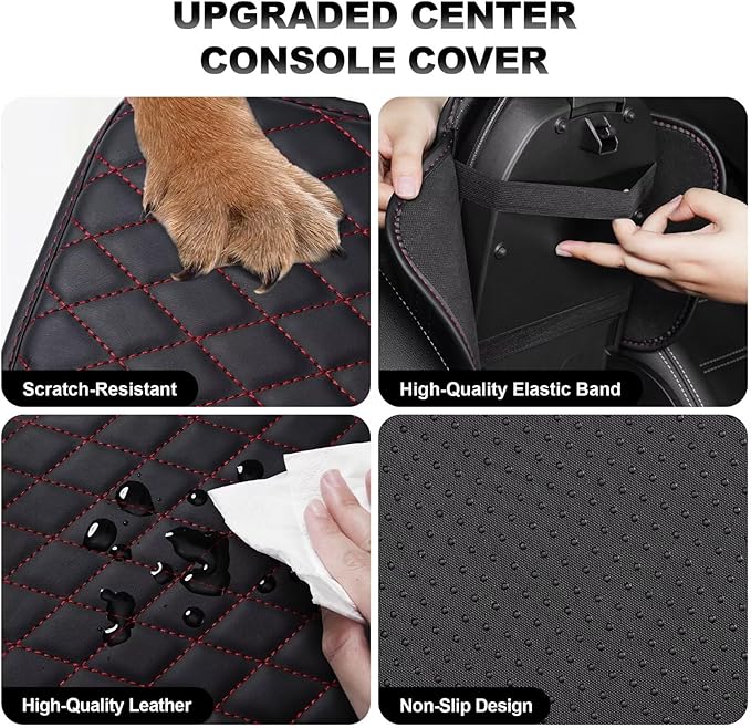 Upgraded Car Center Console Cover Fit for Land Cruiser Faux Leather Car Armrest Cover Cushion with 2 Storage Bags,Car Armrest Storage Box Interior Accessories(Black&Redline)