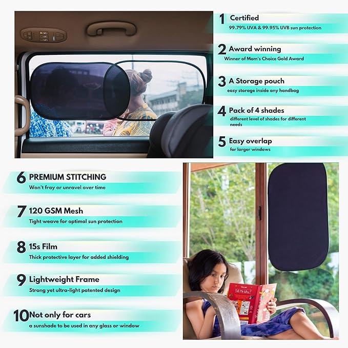 Car Window Shades - Certified 99.79% UVA & 99.95% UVB Sun Protection. Award Winning car Sun Shade for Side Windows. 4 Pack Semi Transparent 20" x 12" - Car Accessories Interior by Kinder Fluff