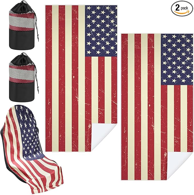 2 Pack Car Seat Towel Covers with Storage Bag 63 x 32 Inch Athletic Running Towel Seat Sweat Washable Non Slip Cover Gift for Car Outdoor Sport Activities (American Flag)