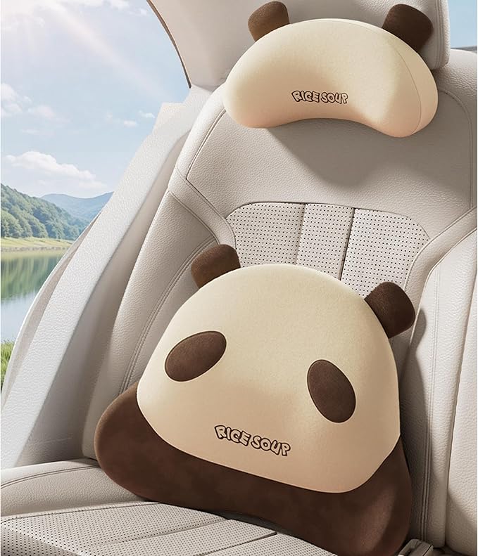 Cute Panda Car Neck Pillow & Lumbar Support Memory Foam Cushion for Driving Adjustable Headrest Waist Pillow for Most Seats (Brown, Headrest)