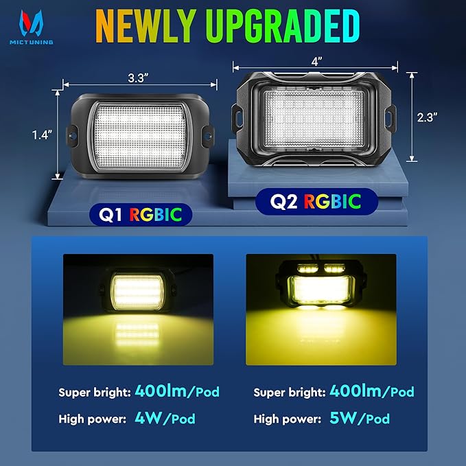 MICTUNING Q2+ MAX RGB+IC Rock Lights - 12 Pods Multi-Color DIY Effect Underglow Neon Kit, Individual Group Control, APP Music Sync, IP68 Waterproof