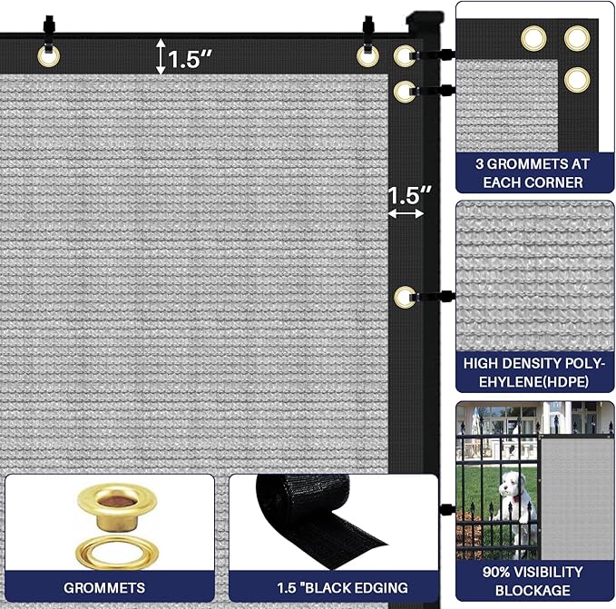 Windscreen4less Privacy Fence Screen Heavy Duty Windscreen Fencing Mesh Fabric Shade Net Cover with Brass Grommtes for Outdoor Wall Garden Yard Pool Deck, 8'x122' Light Gray