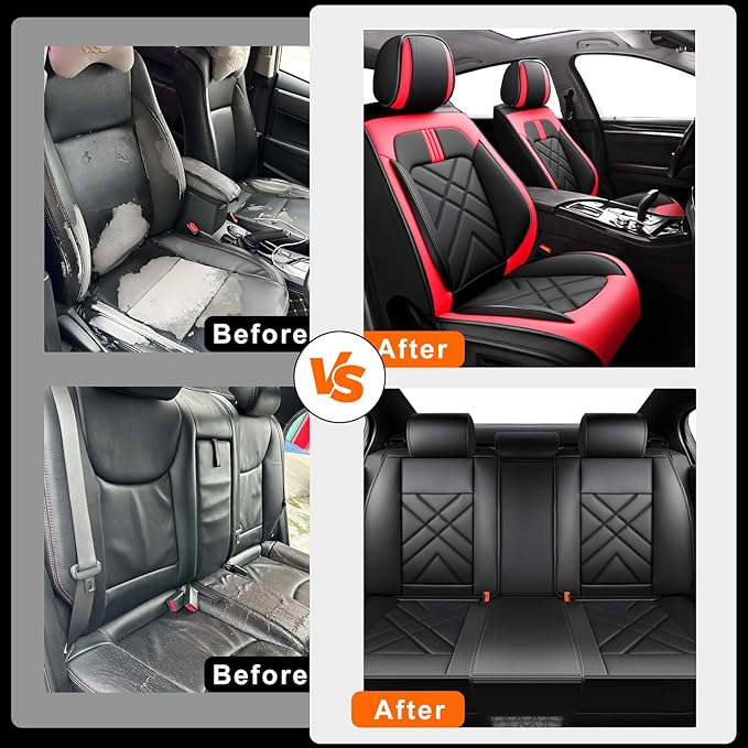 CX-90 Car Seat Covers Fit for Mazda CX-90 2007-2026, Full Coverage Premium Leather Waterproof Breathable Seat Covers, Automotive Seat Protectors, Airbag Compatible(2 Front Seats, Black & Red)
