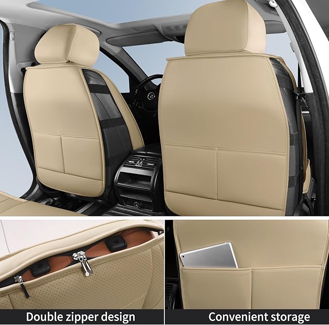 Nappa Leather Car Seat Covers Front Seats, Beige Car seat Protector, Waterproof Car Seat Cushion, Universal Automotive Seat Covers Fit for SUV Truck Pick-up Sedan and Most Cars