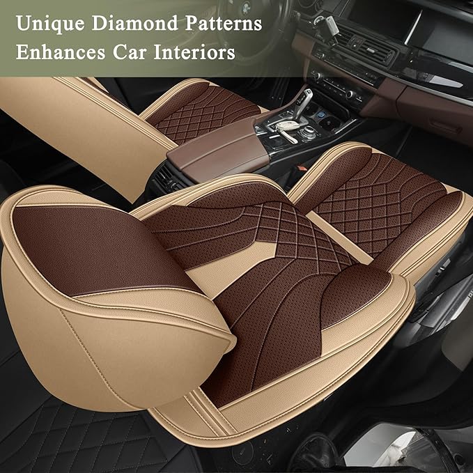 Breathable Car Seat Covers for Nissan Maxima 2026 2025 2024 2023 2022 2021 2020 2019 2018 2017 2016 2015 2014 2013 2012 2011, Perforated Leather Full Set, for Nissan Maxima Accessories (Beige&Brown)
