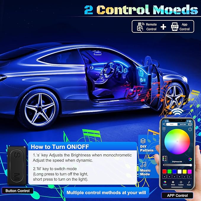 RGB Acrylic Interior Car LED Strip Light with Wireless APP, 18 in 1 with 175 inches 593 LEDs Neon LED Strip Light, 16 Million Colors Dynamic Music Sync Car Ambient Lighting Kits