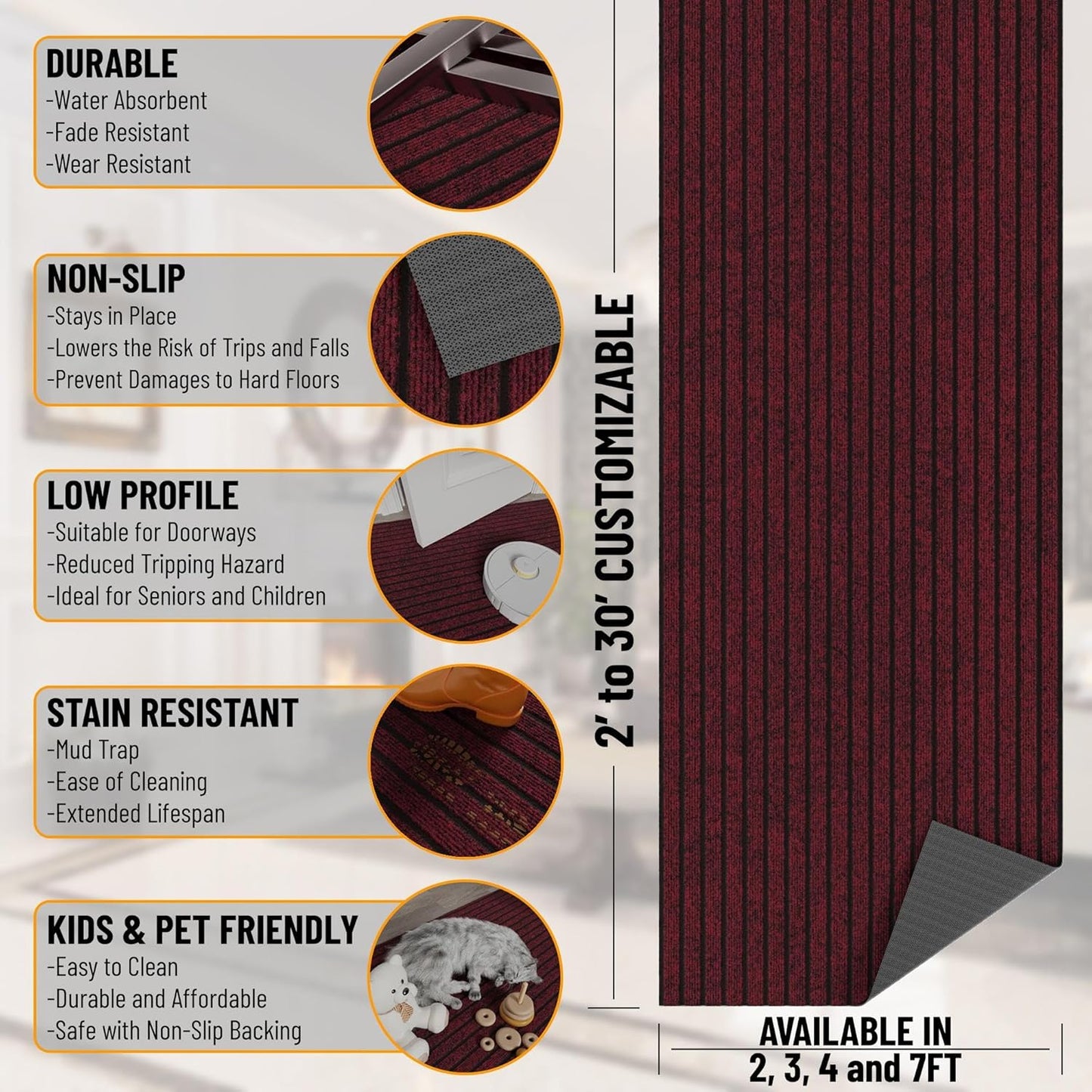 Ottomanson 2' x 11' Hallway Runner with Scraper Pile - Extra Durable Non-Slip Rug Mat for Indoor & Outdoor Use - Ideal for Kitchen, Entryway, Patio & Garage - High-Traffic Carpet, Red