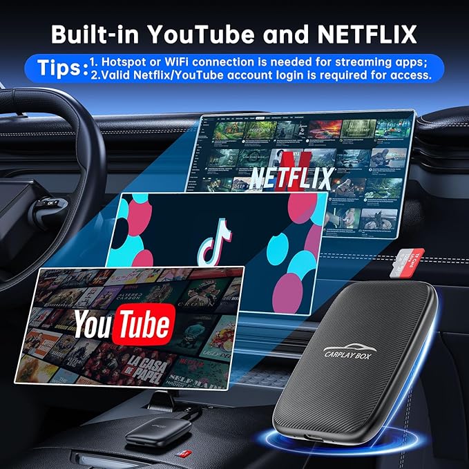6-in-1 Android Auto Wireless Adapter and Apple CarPlay Adapter, Wireless Carplay Adapter with Netflix YouTube TF Card, Plug & Play, Easy Setup, Magic Video Ai Box for OEM Wired Apple Car Play Cars
