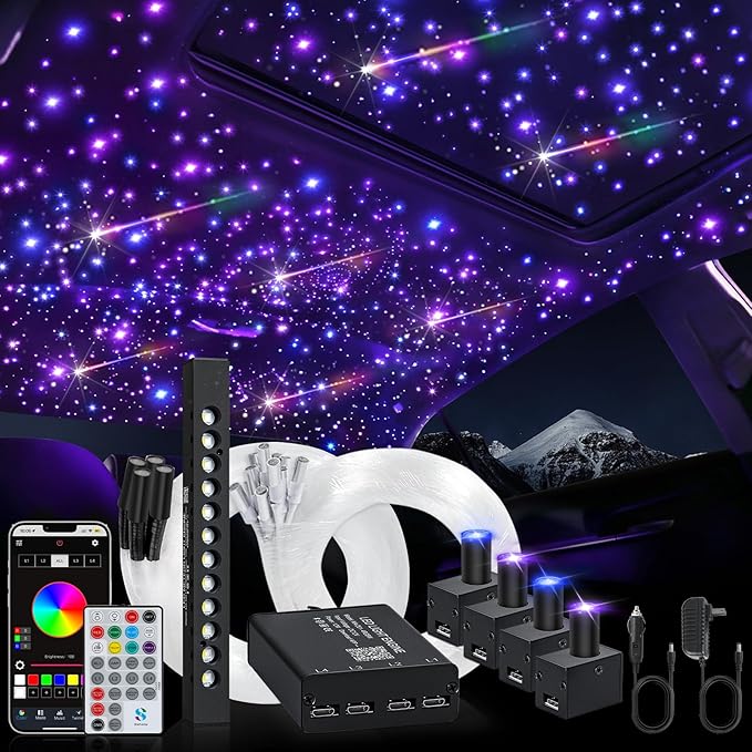 Split Car Starlight Headliner Kit, 4 Colors 12W Meteor Fiber Optic Starlight Kit, 860pcs*0.02in*9.8ft+240 RGBW Sound Activate Shooting Star Lights for Ceiling Car Roof/Home Decor