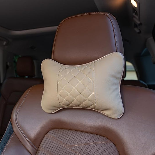 Set of 2 Quilted Faux Leather Car Headrest Pillow, Black Case/Black Threading, Ergonomic Neck Support for Comfortable Driving (Tan Base/Beige Thread)