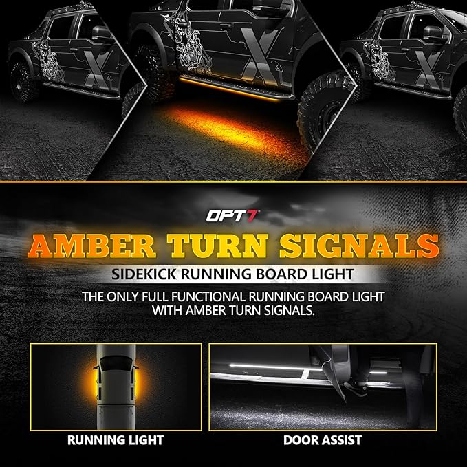 OPT7 Sidekick 48" Running Board Lights 2PCS LED Strips w/Amber Turn Signal Side Marker, DRL, White Courtesy Light for Regular Cab Trucks Pickup SUV Trailer - Truck Decorations