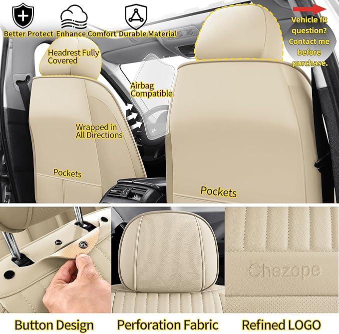 Chezope Leather Seat Covers, Beige Car Seat Covers Front Pair, Breathable Car Seat Protectors, Wear-Resistant Car Accessories, Universal Fit for Most Cars,SUVs Truck (Beige-Stripes, Front Pair)