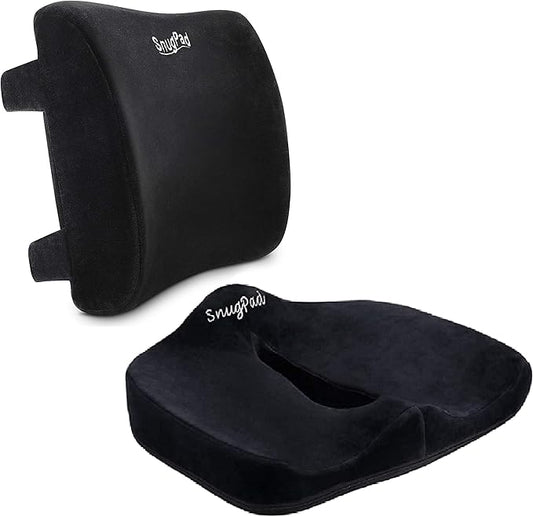 SnugPad Memory Foam Lumbar Pillow and Seat Cushion Combo, Ergonomic, Orthopedic, Lower Back Support, Premium Washable Velvet Covers with Non-Slip Bottom, Ideal for Office Chairs and Car Seats (Black)