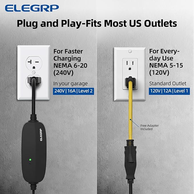 ELEGRP Level 1/2 EV Charger, 16 Amp, Portable J1772 Electric Car Charger, 25FT Cable, NEMA 6-20 & 5-15 Adapter, 110V-240V for BEVs/PHEVs, PBE & LRC Technology