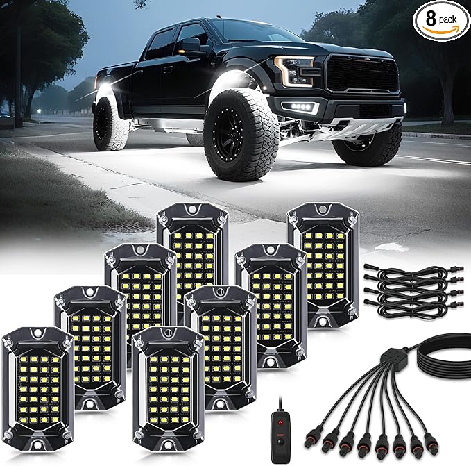 8 Pods Full Angle Pure White LED Rock Lights for Jeeps Truck Golf Cart ATV UTV RZR SUV Offroad Pickup, 6500K Super Bright Waterproof White Underglow Kit with Switch Wiring Harness Extension Wires