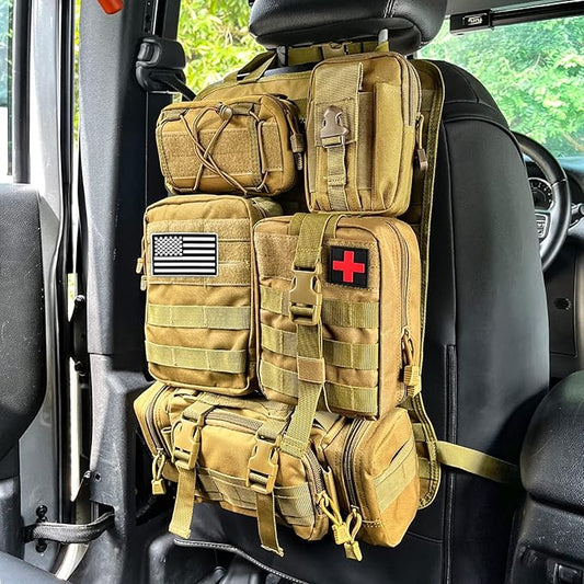 Universal Tactical Seat Back Organizer Vehicle Molle Panel Organizer Storage Bag with 5 Detachable Molle Pouch, Khaki