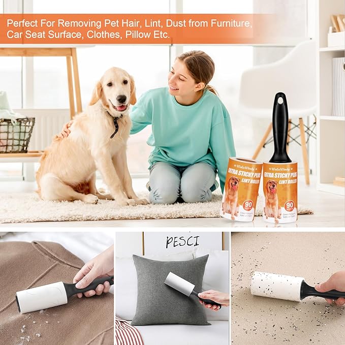 Lint Roller for Pet Hair – Extra Sticky Pet Hair Remover for Clothes, Furniture & Upholstery & Car Seats, Easy-Tear Sheets, Value Pack for Dog & Cat Fur 2 Pack