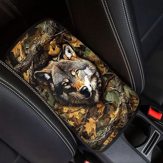 Leaves Wolf Console Center Armrest Lid Cover Protector Car Armrest Storage Box Mat Interior Accessories for Most Vehicle, SUV