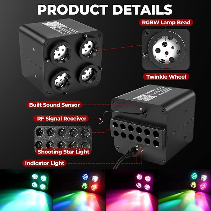 600PCS 32W Meteor Starlight Headliner Kit,4 Light Colors Twinkle Fiber Optic Star Ceiling Lights,0.03in*13.1ft/4m, App/Remote Control Rgbw Shooting Star Headliner Kit Car Roof Home Ceiling
