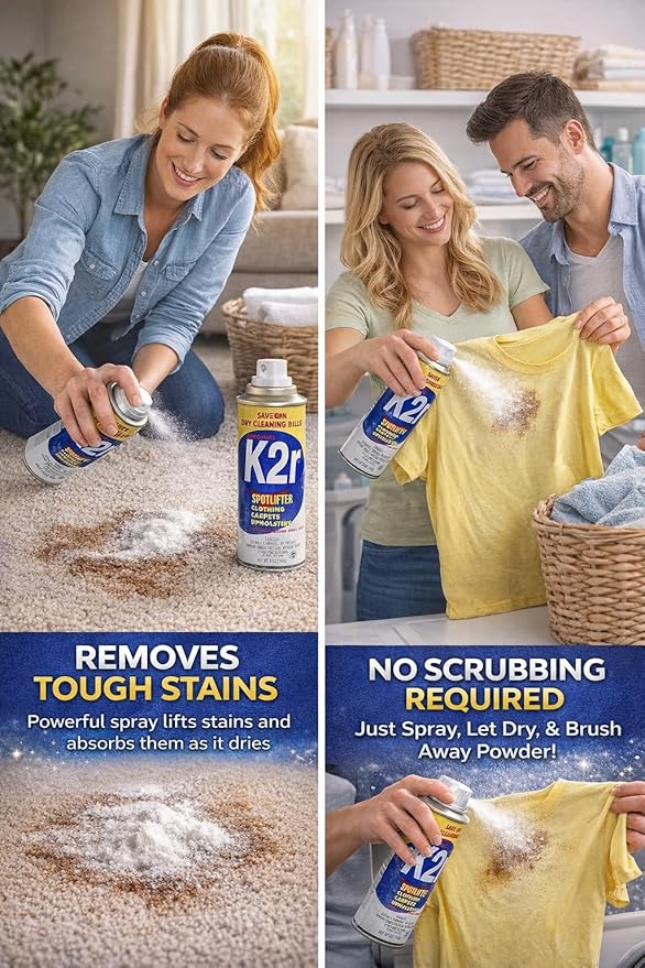 K2R SpotLifter Spot Remover Spray – Quick-Drying Stain Remover for Clothing, Carpets, Upholstery & Wallpaper – Built-In Brush Cap for No-Mess Touch-Ups – 10oz (3, 1)