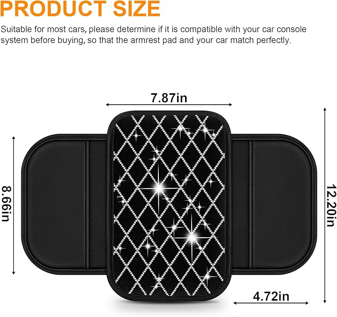 Bling Armrest Cover for Car Compatible with Jeep Grand Cherokee L - Center Console Cover with 2 Storage Pockets and Crystal Diamond(Black)