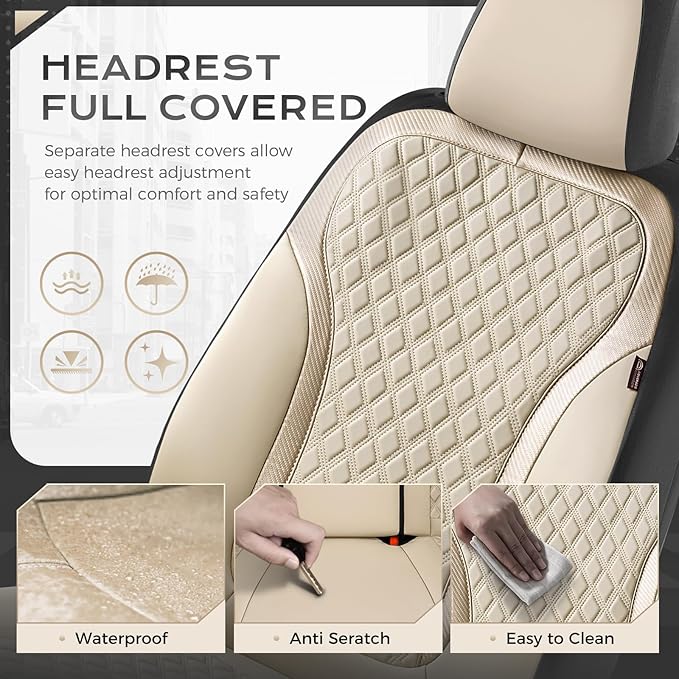 Coverado Car Seat Covers Full Set, Beige Car Seat Covers, Luxury Leather Car Seat Cover with Carbon Fiber Textured Design, Spill-Proof Seat Cushions, Automotive Seat Cover Universal Fit Most Cars