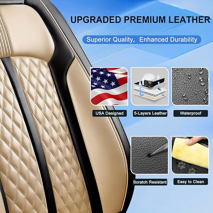 Fit Equinox Car Seat Covers for Chevrolet/Chevy Equinox 2007-2026, Premium Full Coverage Leather, Airbag Compatible, Waterproof All Weather Seat Cushion Protector, Full Set, Black+Beige