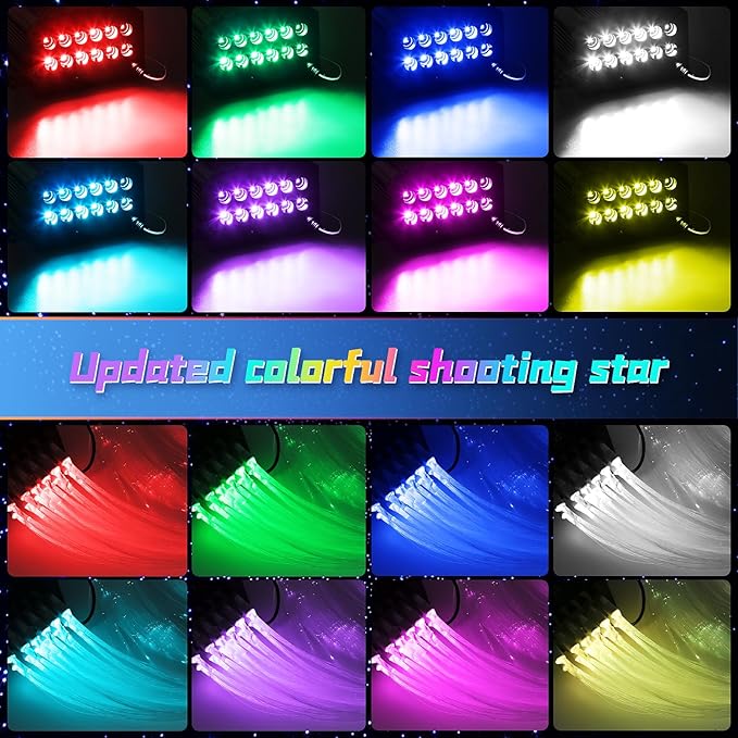 Car Starlight Headliner Kit, 4 Colors 32W Twinkle & Meteor Fiber Optic Ceiling Lights, 2 in 1 Light Engine 800pcs*0.03in*13.1ft+240 RGBW Shooting Stars Lights for Car Roof Décor