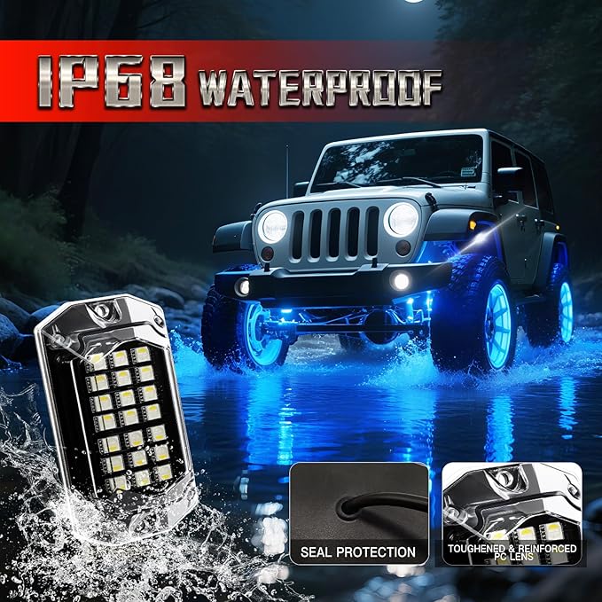 4 Pods Full Angle RGBW LED Rock Lights for ATV UTV RZR SXS Truck Jeeps Offroad,Waterproof Multicolor Neon Underglow Kit with APP/RF Remote, 12V Pure White Underbody Lights