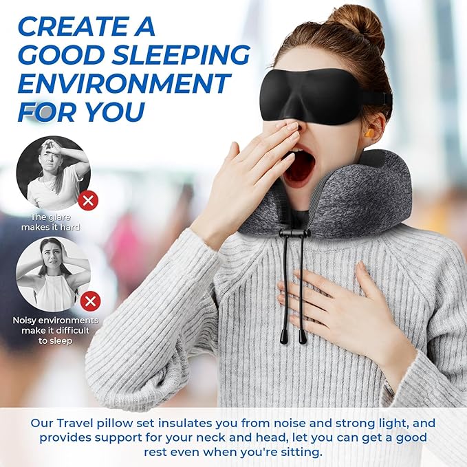 Travel Pillow, 2 Pack Travel Pillows for Sleeping Airplane, Neck Pillow Airplane, Memory Foam Neck Pillow Set with Eye Mask, Earplugs and Storage Bag -Grey & Light Grey