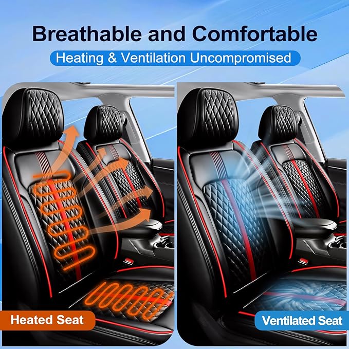 Fit Tahoe Car Seat Covers (Front Pair) for Select Chevrolet/Chevy Tahoe 2000-2025 2026 - Full Coverage Leather, Waterproof & All Weather Seat Cushion Protector, Black with Red Trim