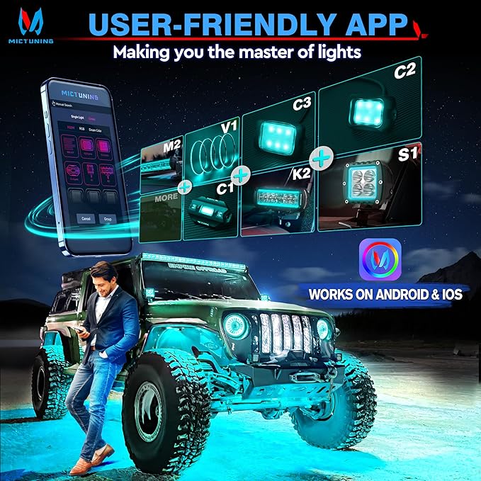 MICTUNING C2 Curved RGBW LED Rock Lights - 4 Pods Underglow Multicolor Neon Light with Wiring Switch Kit, Bluetooth Controller with APP Control