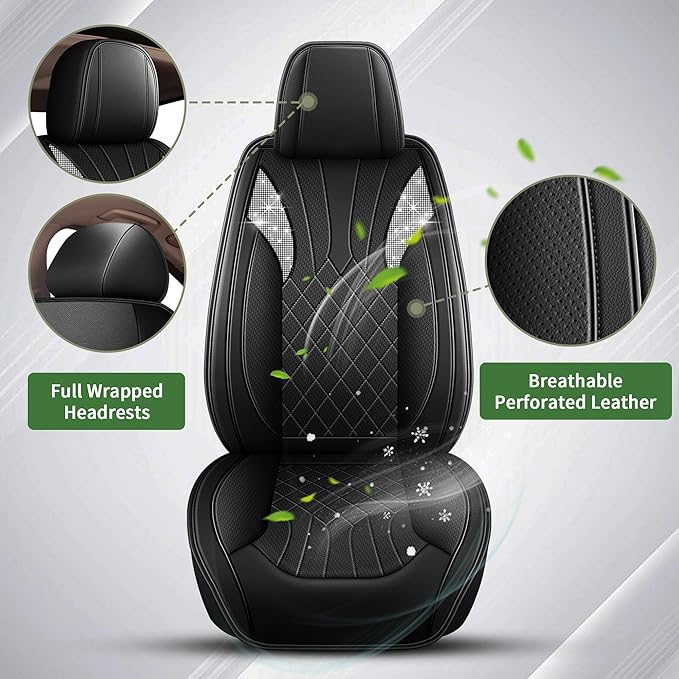 Bling Diamond Embroidered Seat Covers for Nissan Sentra 2008-2025 2026, Full Set 5 Seats, Sparkle Rhinestone Breathable Perforated Faux Leather Car Seat Covers for Women (Black)