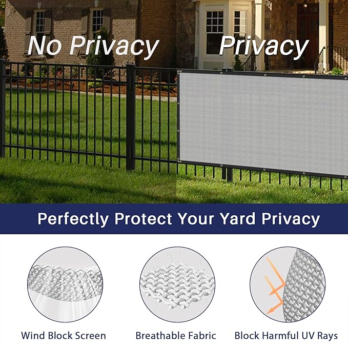 Windscreen4less Privacy Fence Screen Heavy Duty Windscreen Fencing Mesh Fabric Shade Net Cover with Brass Grommtes for Outdoor Wall Garden Yard Pool Deck, 8'x66' Light Gray