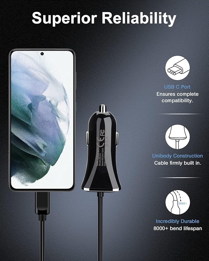 USB-C Car Charger, 3.4A USB Type C Car Charger Adapter & Fast Charge Cable Cords Cargador USBC Lighter for Samsung Galaxy S26 S25 S24 S23 S22 A17, iPhone 17e 17 16e 16 15 Pro Max Android Cigarette 12V