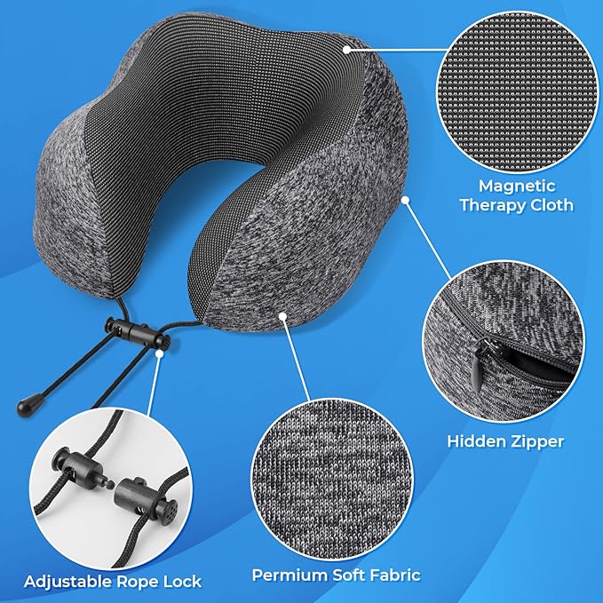 Travel Pillow, Travel Pillows for Sleeping Airplane, Removable Cover Neck Pillow with Adjustable Clasp, Memory Foam Neck Pillow Set with Eye Mask, Earplugs and Storage Bag (Dark Grey)