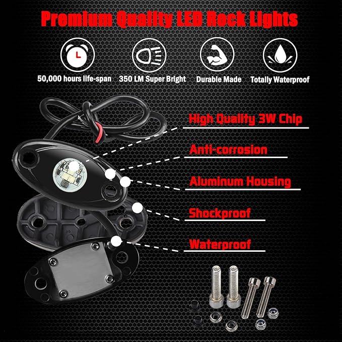4 Pods LED Rock Lights, Ampper Waterproof LED Neon Underglow Light for Car Truck ATV UTV SUV Offroad Boat Underbody Glow Trail Rig Lamp (Yellow)