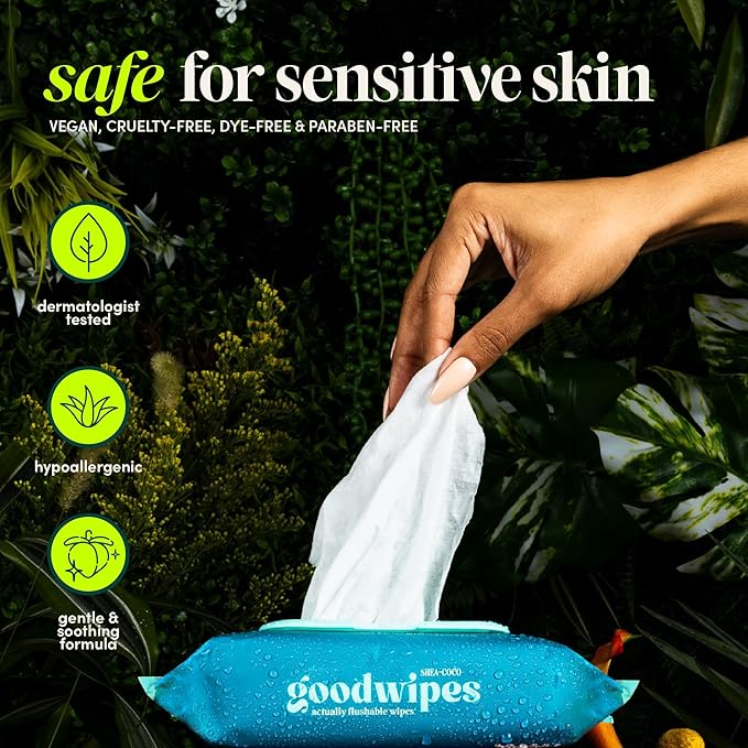 goodwipes Flushable Butt Wipes - Vitamin E & Aloe - Sewer & Septic Safe - Extra Large Adult Wet Wipes For Women & Men - Bathroom Essentials - Cedar, 318 Count (6 Packs + 1 Travel)