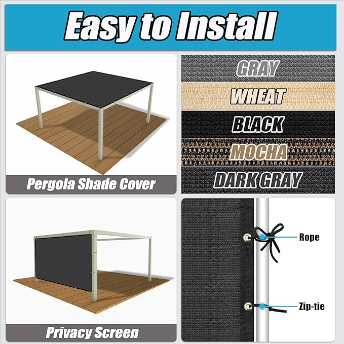 Amagenix 90% Pergola Shade Cover 13'X 22' Dark Gray Sun Shade Cloth with Grommets for Outdoor Garden Patio Porch-Commercial Grade 200 GSM-Cable Zip Ties Included (We Customized)